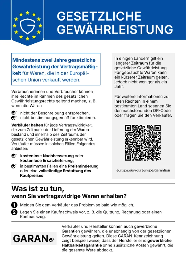Gesetzliche Gewährleistung: 2 Jahre ab Erhalt der Ware